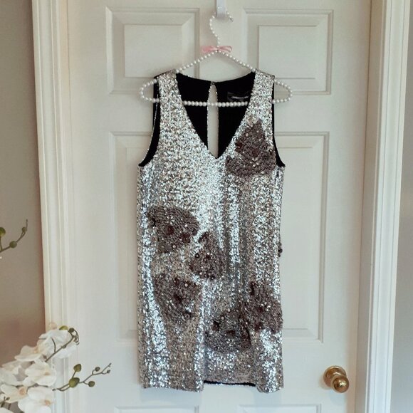 NWT custommade sequin silver & black cocktail shift holiday dress, XS - Picture 6 of 10